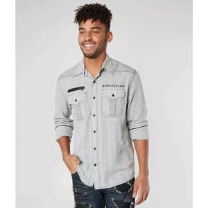 AFFLICTION Gray Long Sleeve Warfare Embroidered Biker Button Down Shirt Size XL